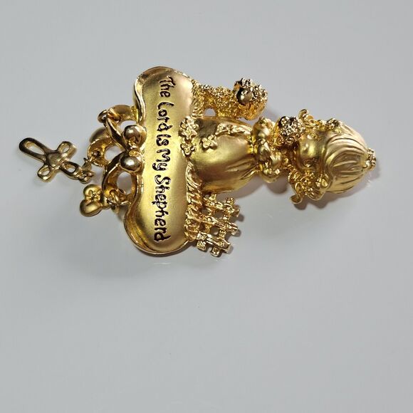 Vintage PMI Precious Moments gold tone Brooch The Lord is My Shepherd w/charms - Picture 7 of 10